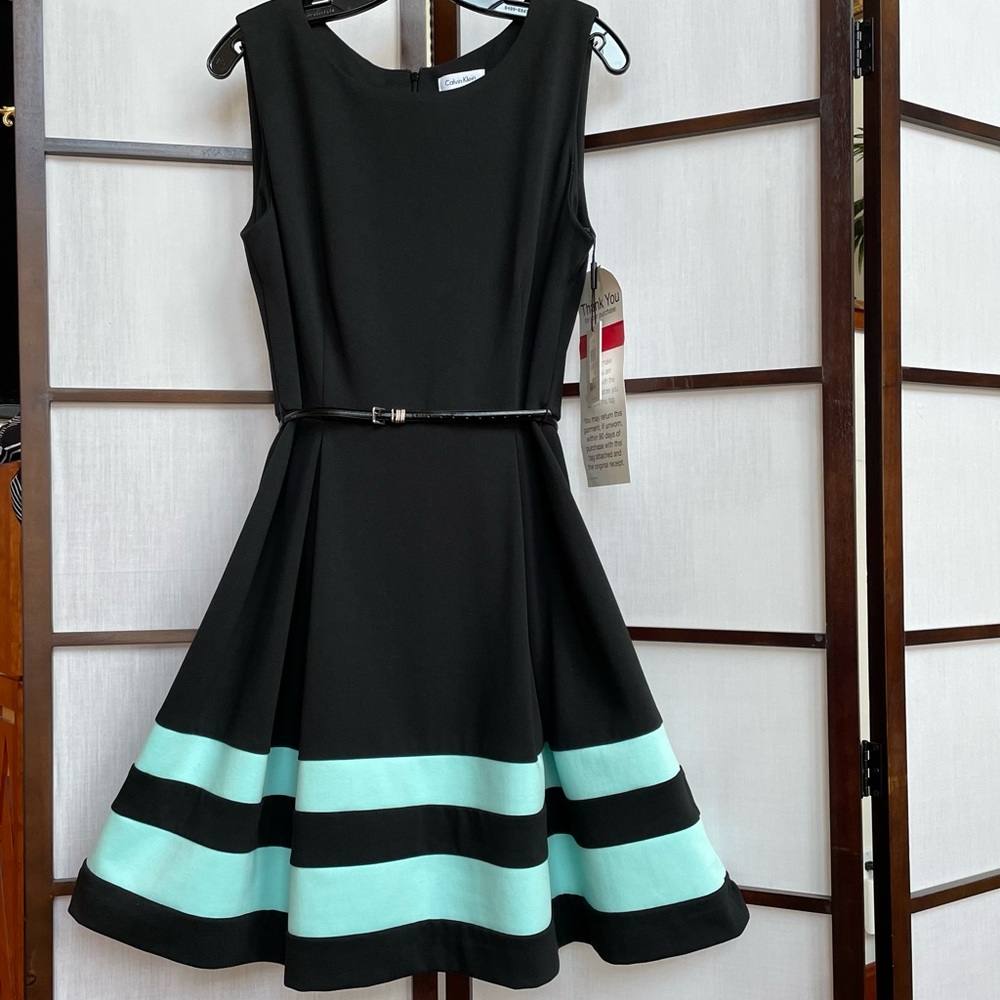 Calvin Klein Fit & Flare Belted Dress - Black & Aqua Striped Hem - with belt NWT